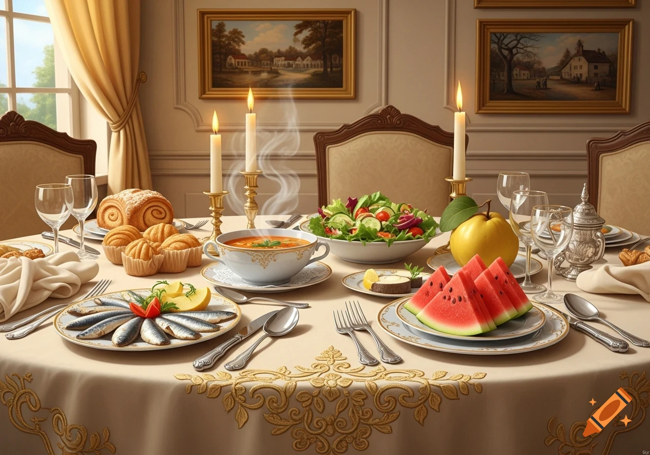 A lavish dining table set with soup, salad, sardines, watermelon, bread, and candles in a formal room with paintings.