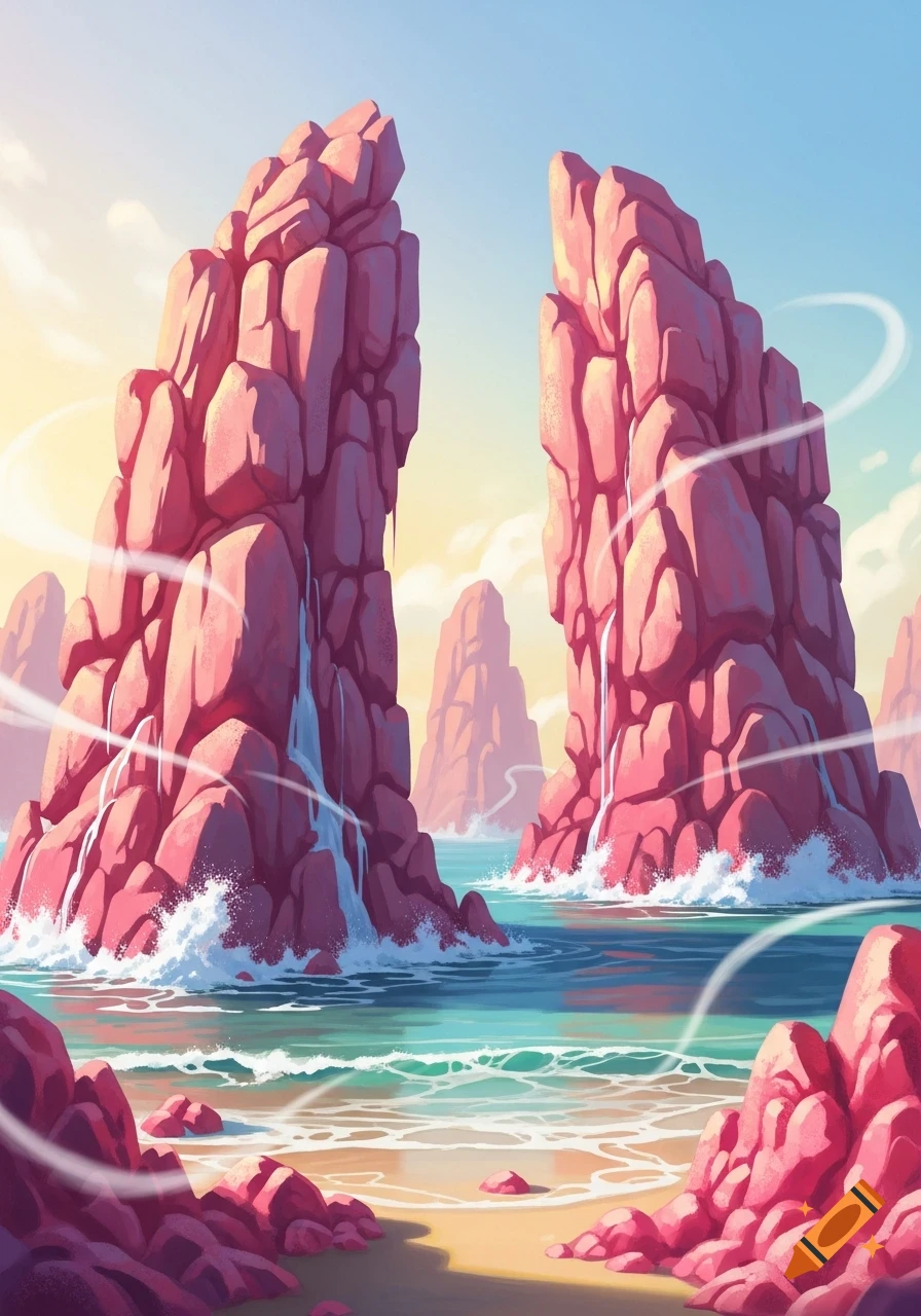 A vibrant, stylized landscape features towering pink, angular rock formations in a blue ocean bay with crashing waves and a sandy beach under a clear sky.