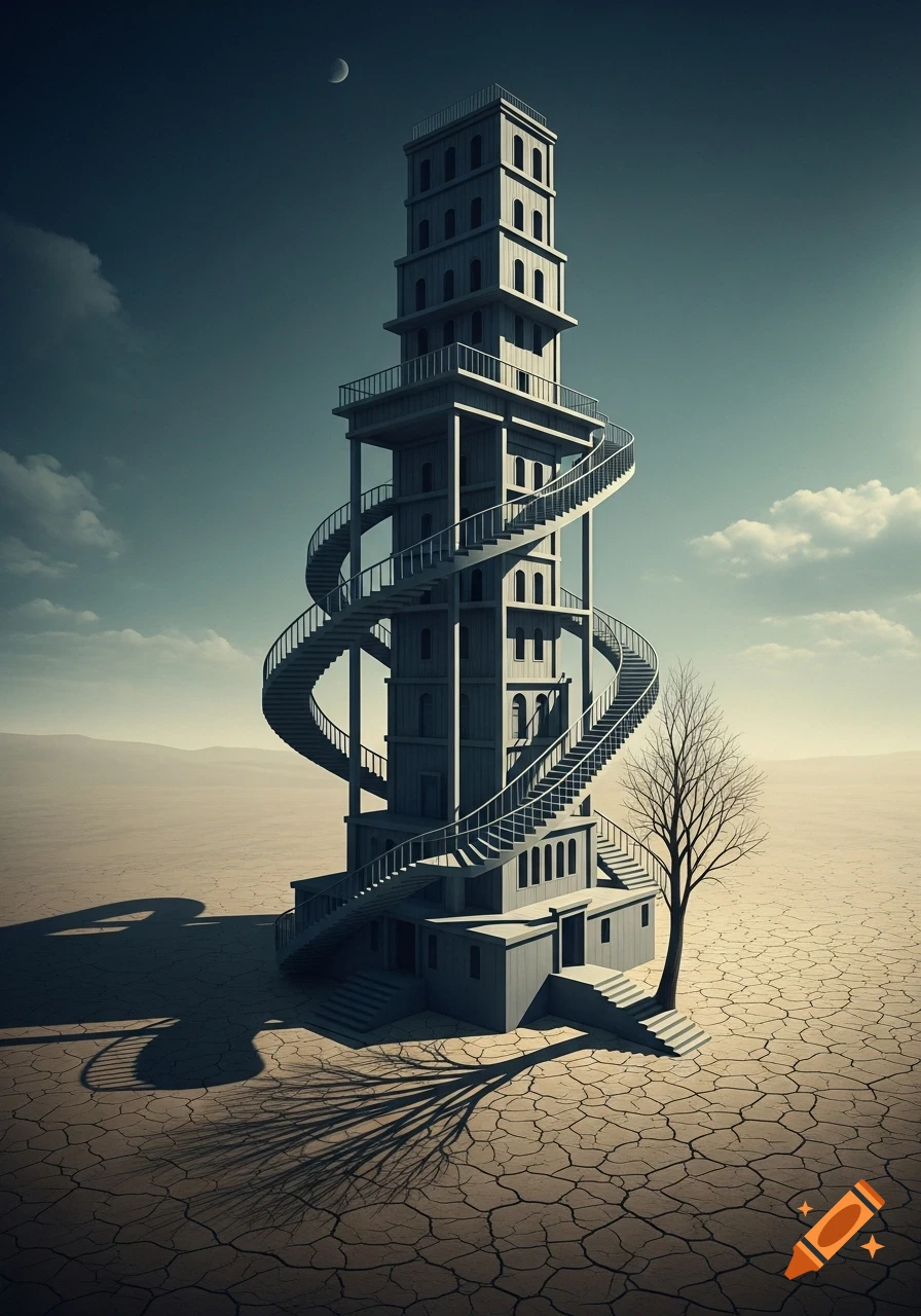 A tall, multi-story tower with external spiral staircases in a cracked desert landscape with a bare tree under a dramatic sky.