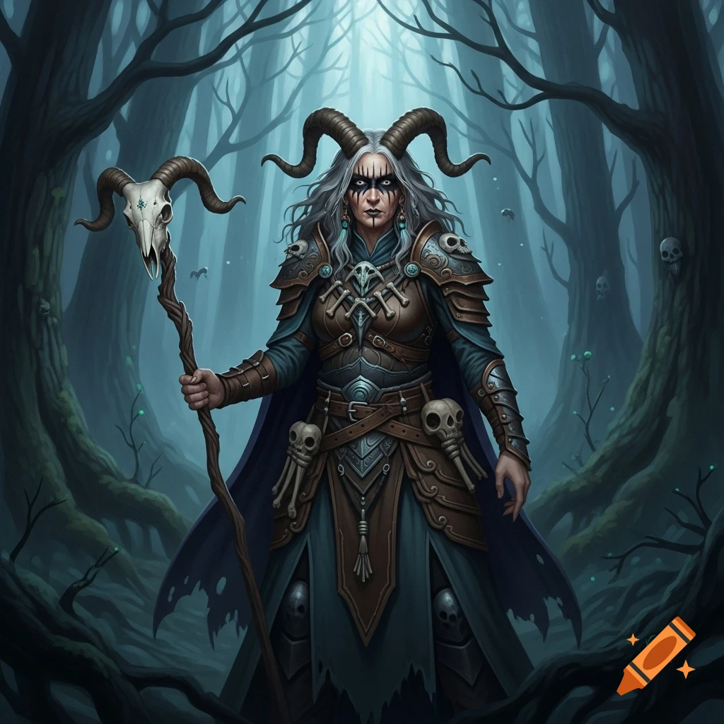 A middle-aged female forest witch with horns, leather armor, and dark face paint, holding a goat skull staff, in a misty forest.