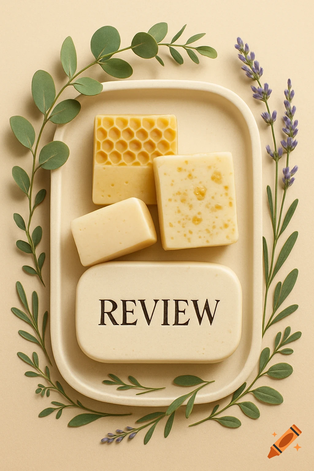 Top-down view of natural soap bars on a cream tray with eucalyptus and lavender, one bar embossed with 'REVIEW'.
