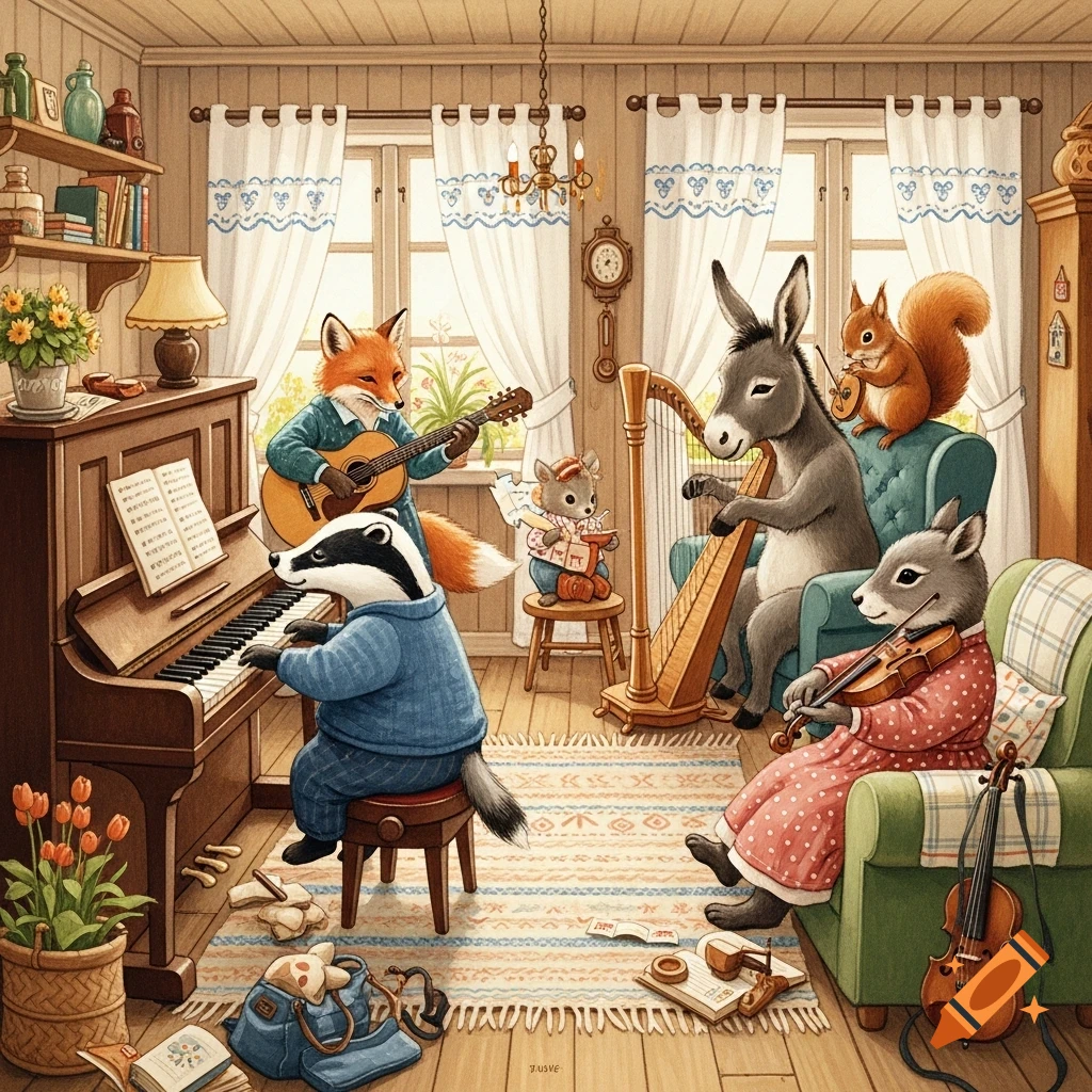 Anthropomorphic animals, including a badger, fox, donkey, squirrel, and mouse, play music with piano, guitar, harp, and violins in a detailed, cozy living room illustration.