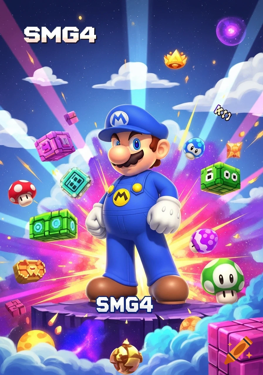 Blue-suited SMG4 character stands on a glowing platform surrounded by colorful Mario-themed blocks, mushrooms, and stars in a vibrant sky.