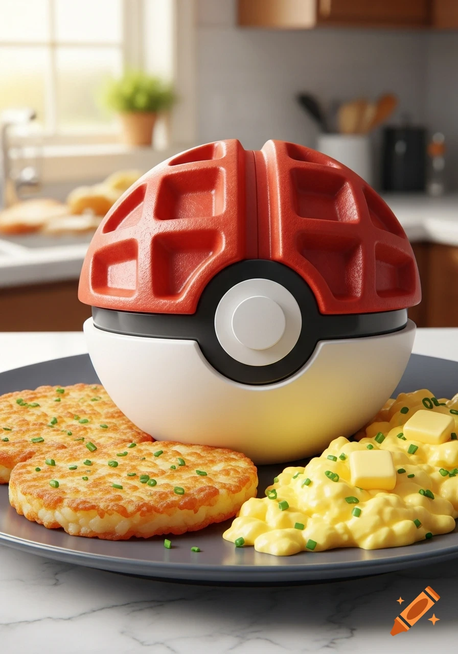 A Pokeball-themed waffle maker sits on a plate with hash browns and scrambled eggs in a kitchen.