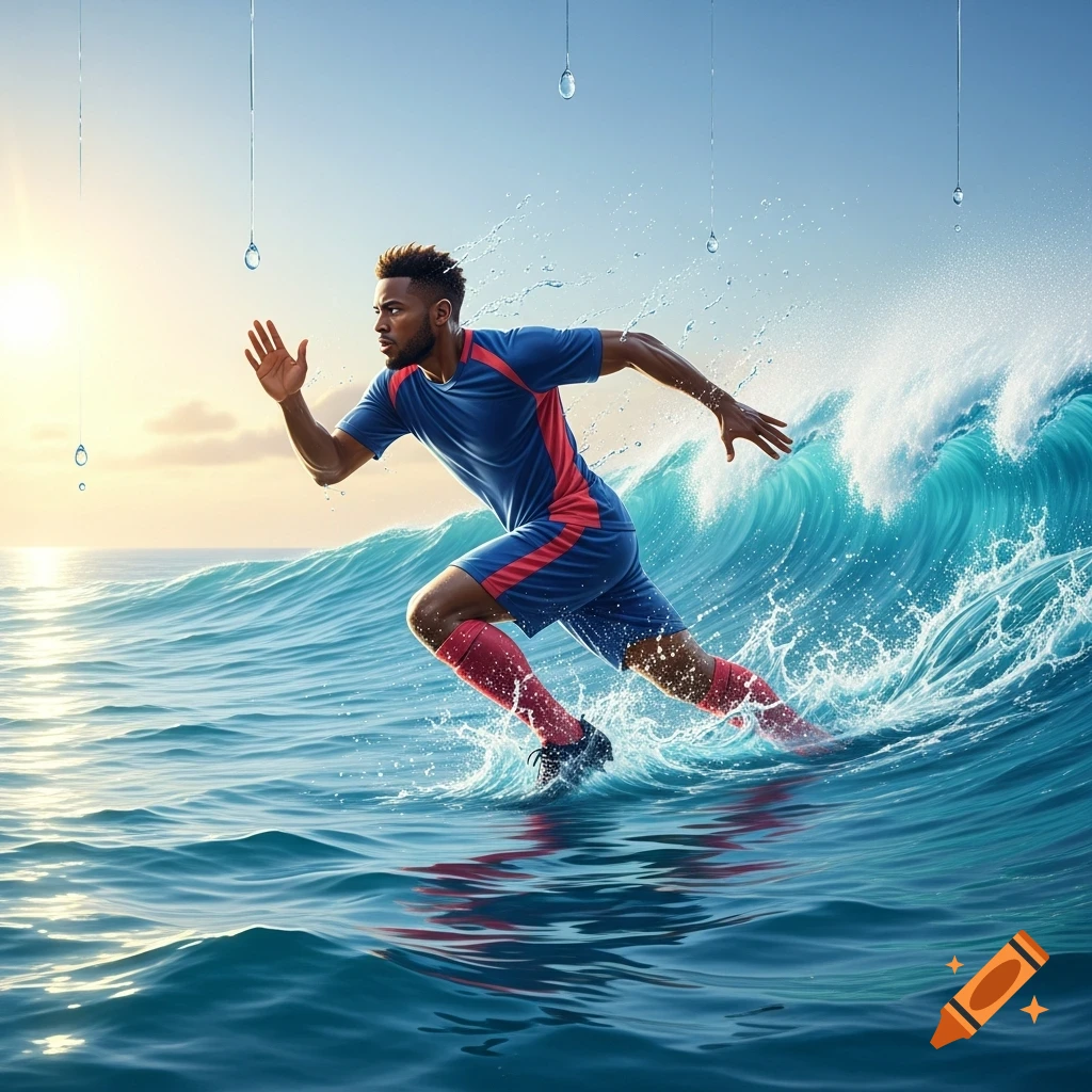 Photorealistic image of a male footballer in a blue and red uniform running on ocean waves at sunrise.