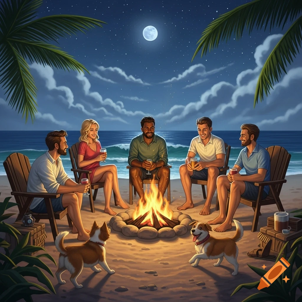 A group of diverse friends and two dogs gather around a bonfire on a moonlit beach at night.