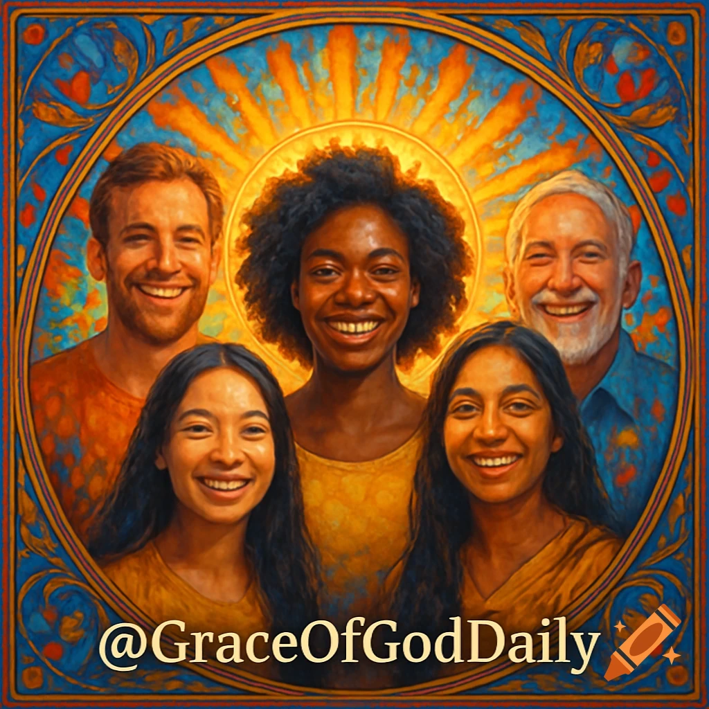 Five smiling people of diverse ages and ethnicities in a stylized, circular portrait with a golden sunburst. Text: @GraceOfGodDaily.