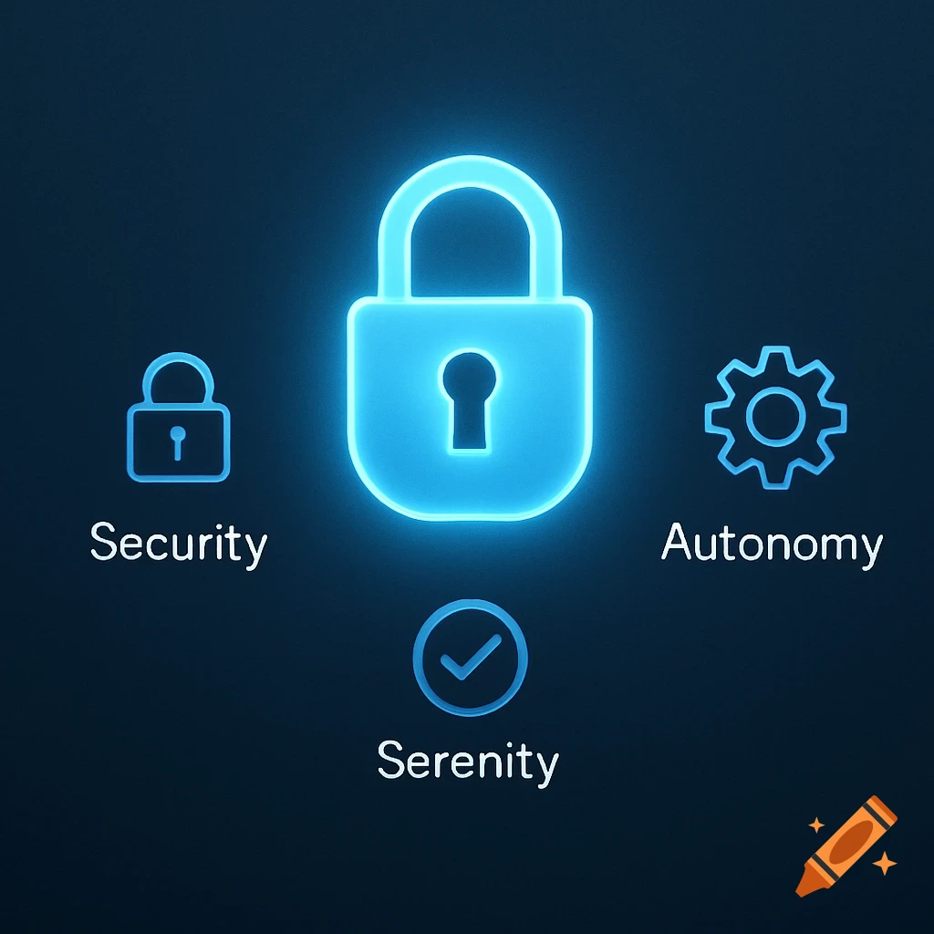 Glowing blue digital padlock with icons for Security, Autonomy, and Serenity on a dark blue background in a minimalist style.