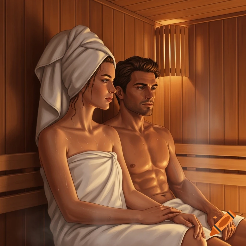 A man and a woman wrapped in towels, sitting in a wooden sauna with warm lighting, water droplets on their skin.