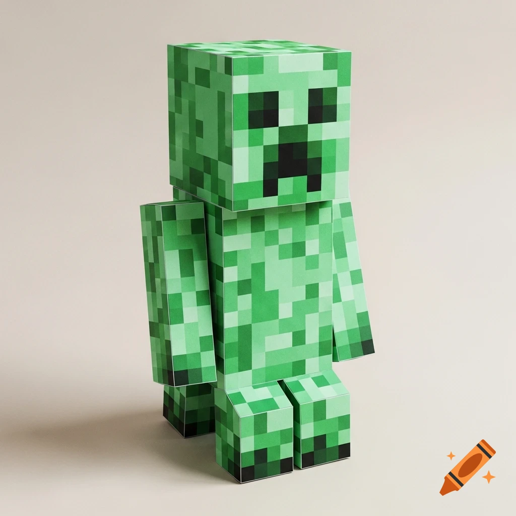 A papercraft figure of a green pixelated Minecraft Creeper stands on a light, plain background.