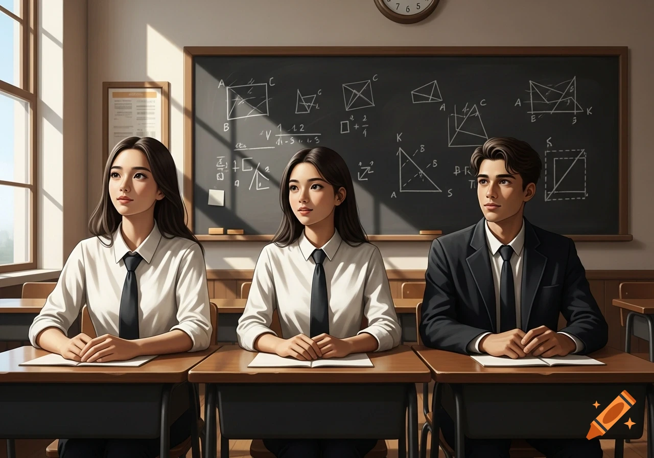 Three anime-style students sit at desks in a sunlit classroom, with a blackboard covered in math diagrams.