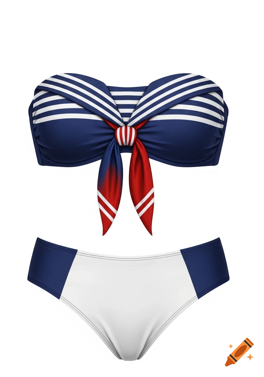 A sailor-themed bandeau bikini with a navy blue and white striped top, a red and white striped bow, and white bottoms with navy blue sides.