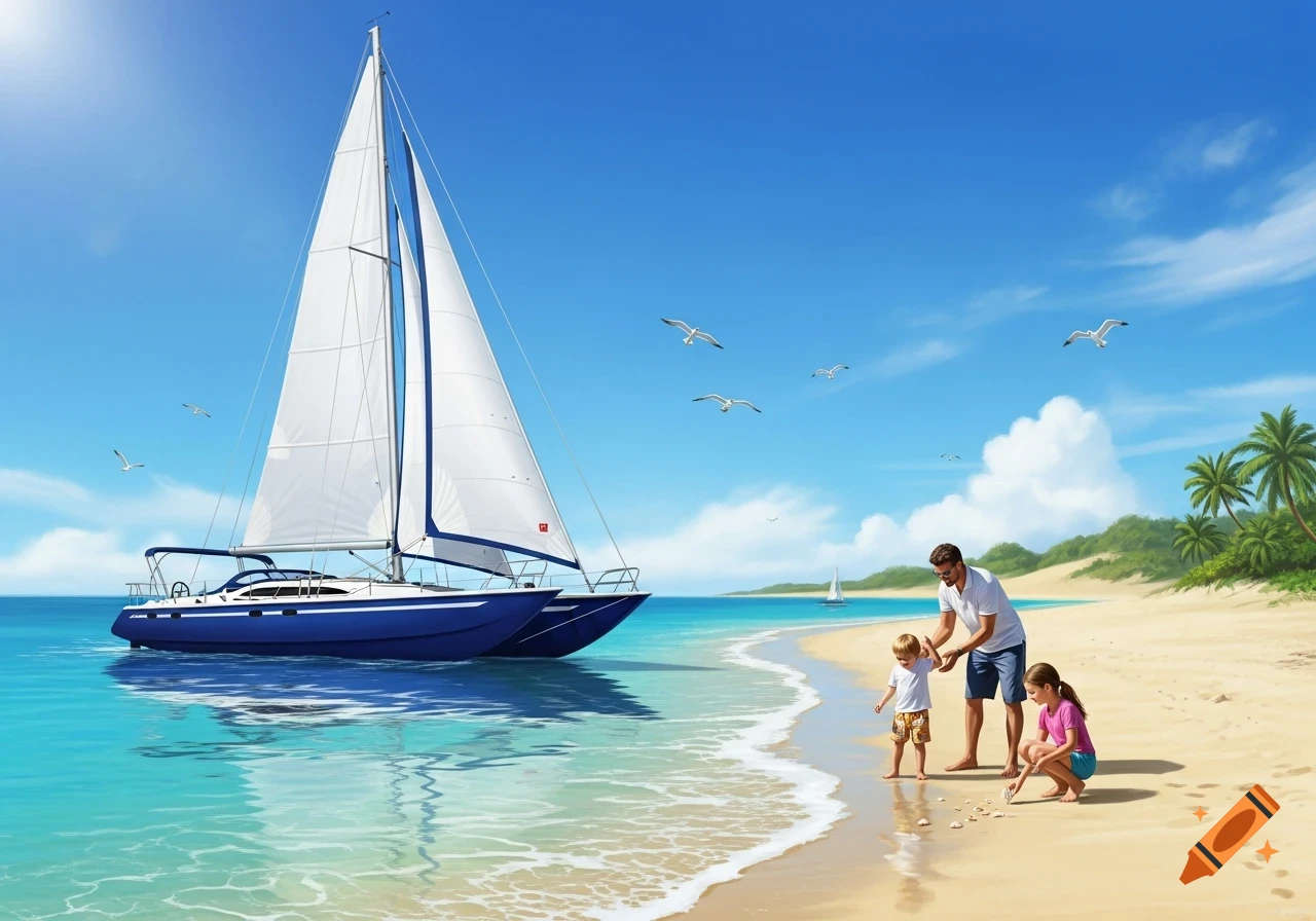 A photorealistic image of a family with two children on a sandy beach, playing by the clear blue ocean with a large white and blue sailboat anchored nearby under a bright sky.