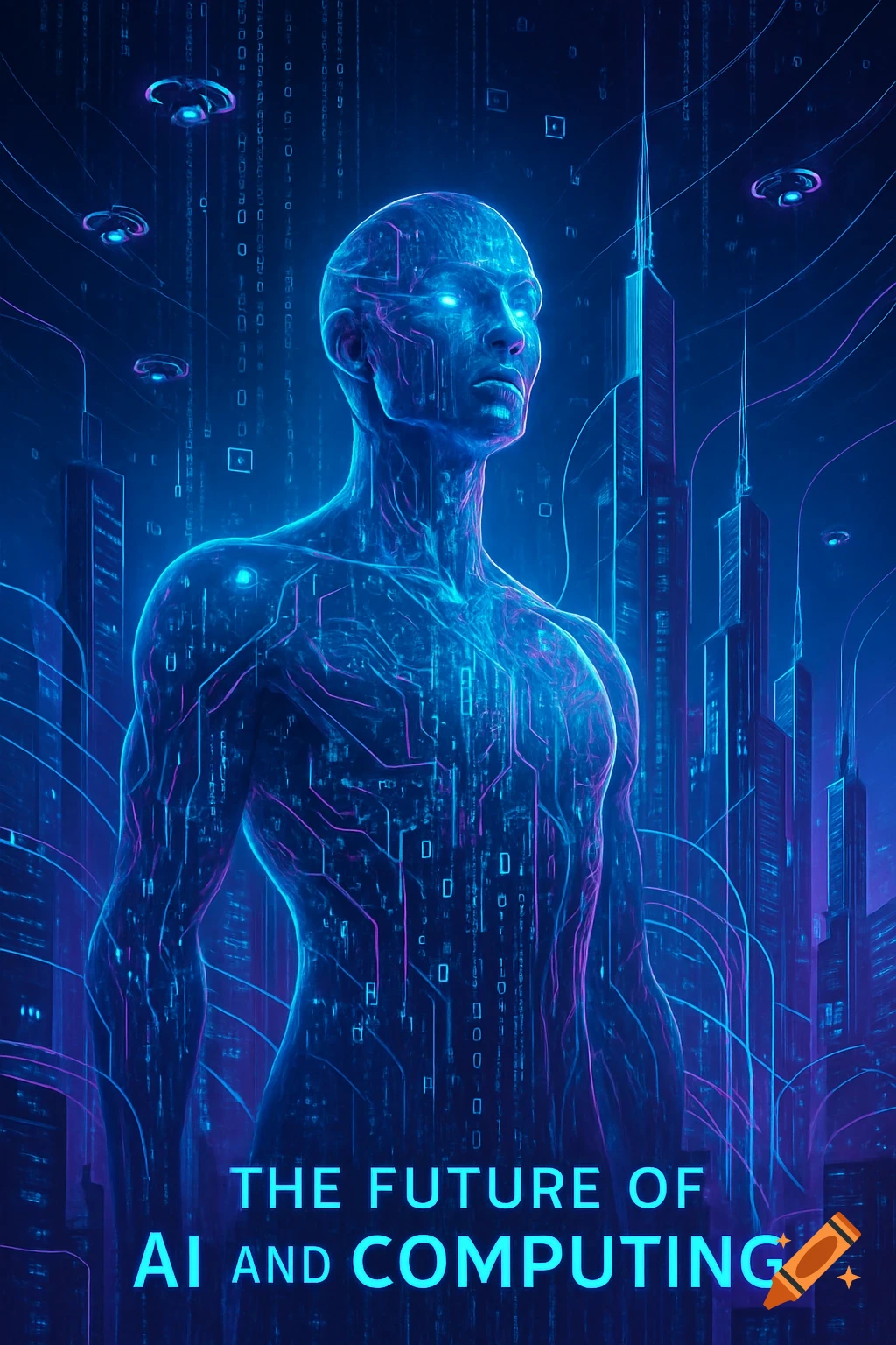 Glowing, circuit-patterned human figure in a futuristic blue cityscape with binary code. Text: 'THE FUTURE OF AI AND COMPUTING'.