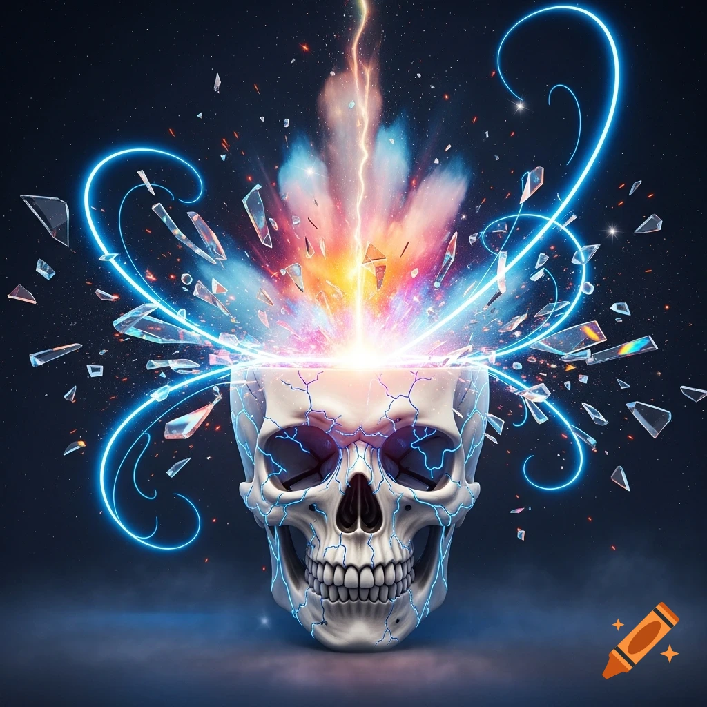 A stylized skull with a vibrant explosion of light, energy, and shattered glass erupting from its top, against a dark, starry background.