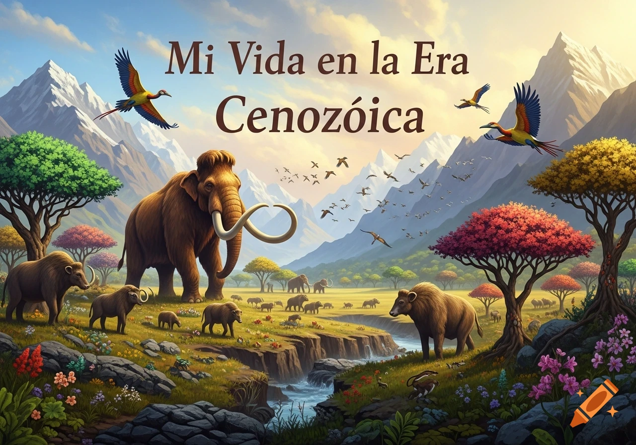 Illustrated landscape with mammoths, prehistoric animals, mountains, and a river, titled 'Mi Vida en la Era Cenozoica'.