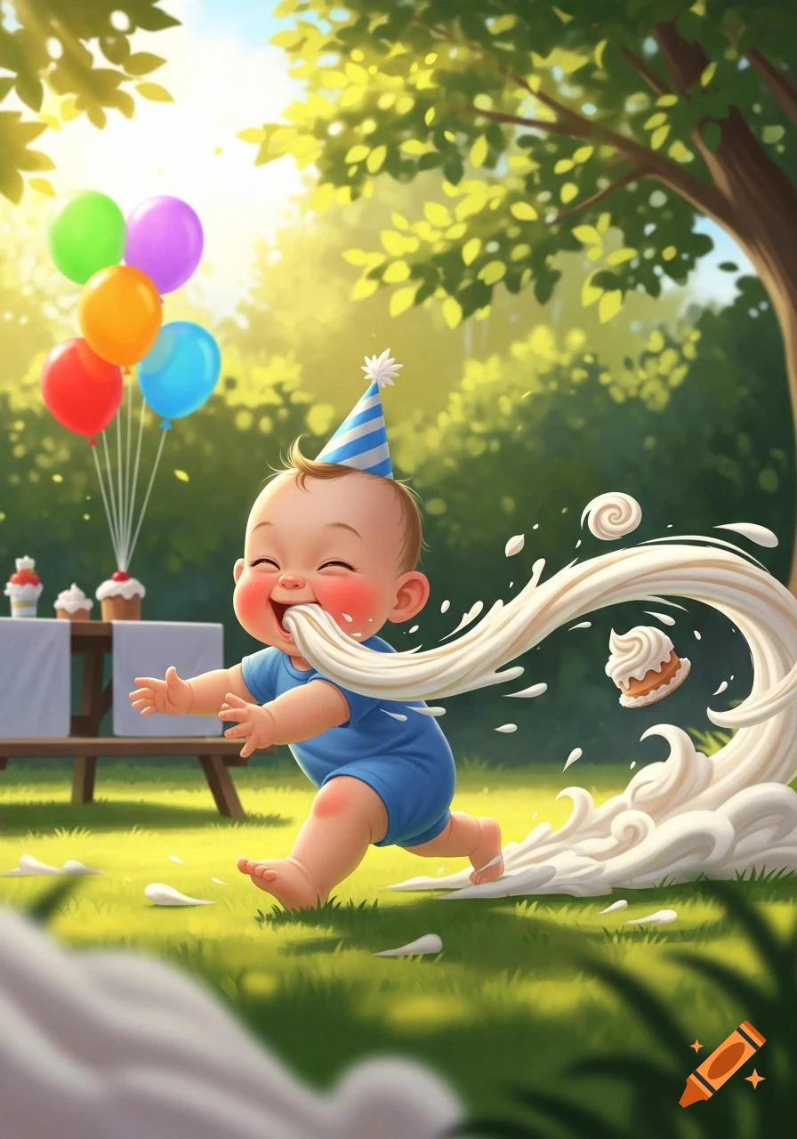 A cartoon baby in a party hat runs happily in a sunny park, spraying white frosting from its mouth, with balloons and cupcakes in the background.