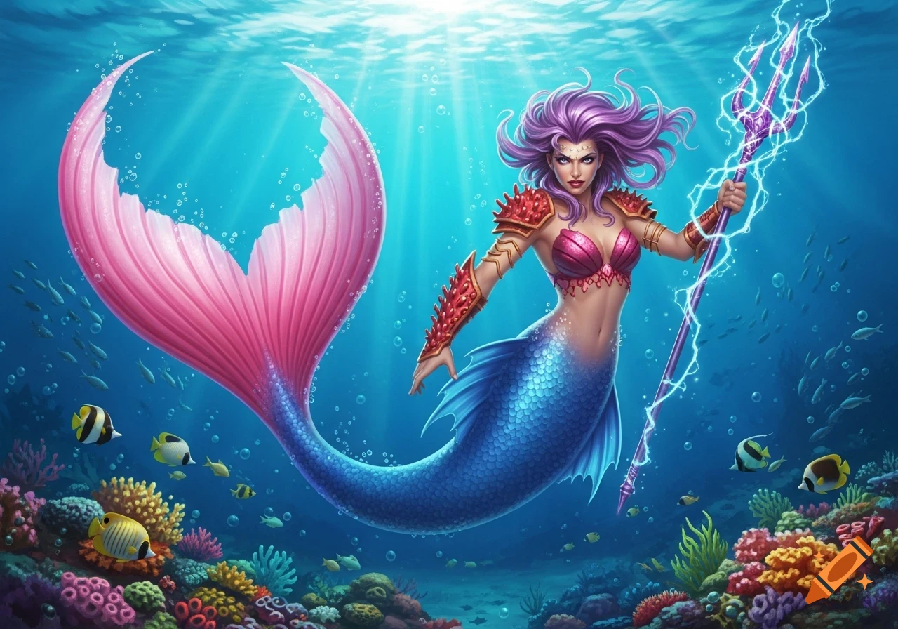 A powerful purple-haired mermaid superhero with a pink tail and blue scales holds a glowing trident amidst colorful coral and fish in a bright underwater scene.