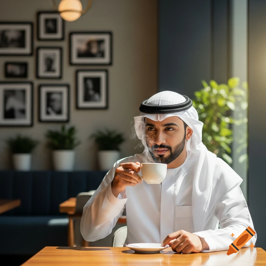 A Saudi man in traditional white attire sips coffee with steam rising, sitting at a wooden table in a sunlit cafe.