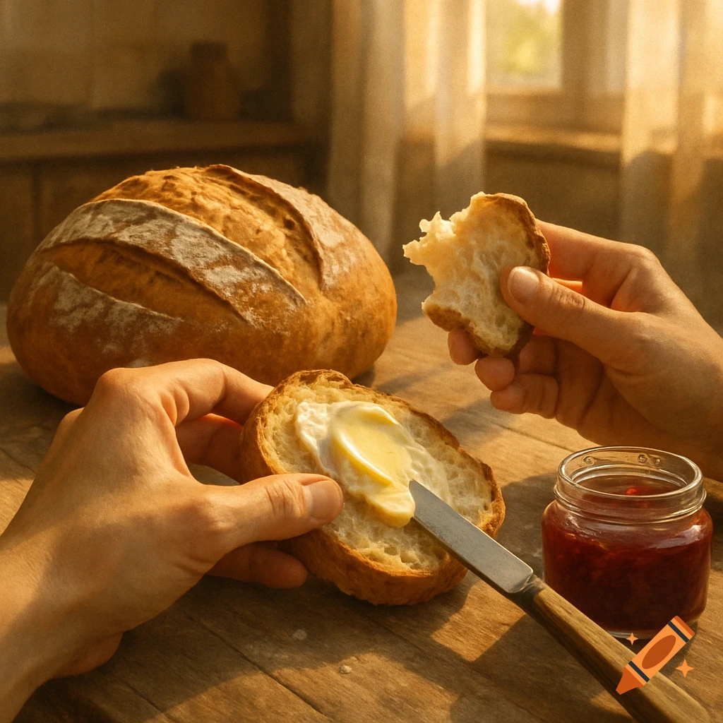 Hands buttering a slice of rustic bread on a wooden table, with a whole loaf and jam jar, illuminated by warm sunlight.
