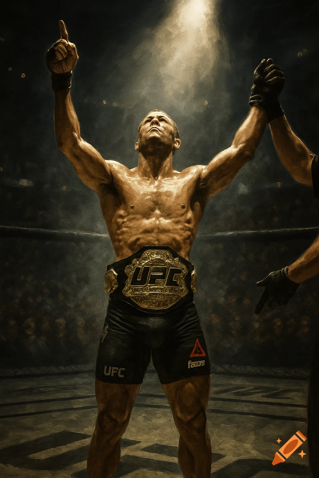 An athletic, shirtless male UFC fighter with a championship belt, arms raised in victory under a spotlight, in a painted style.