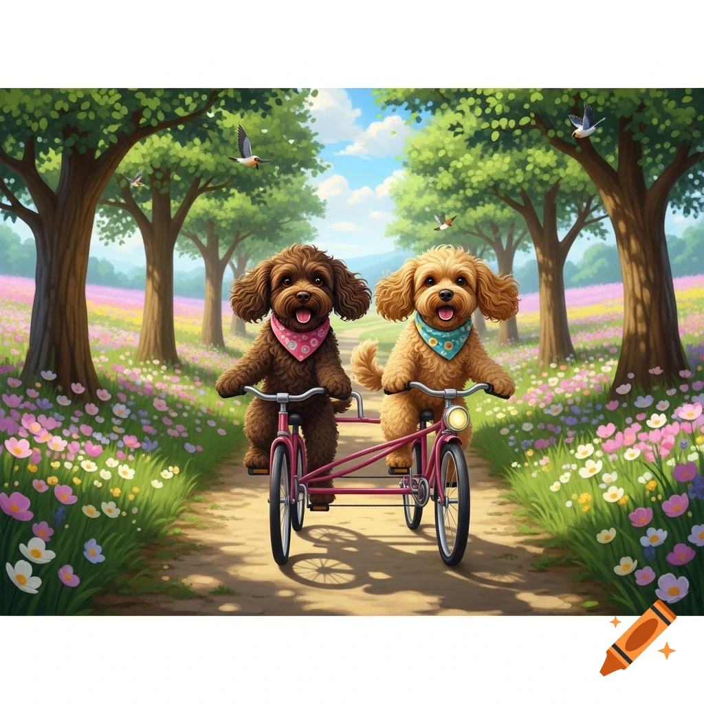 Two cute brown and golden cockapoo dogs ride a pink tandem bike on a dirt path through a vibrant spring park with colorful flowers and trees.