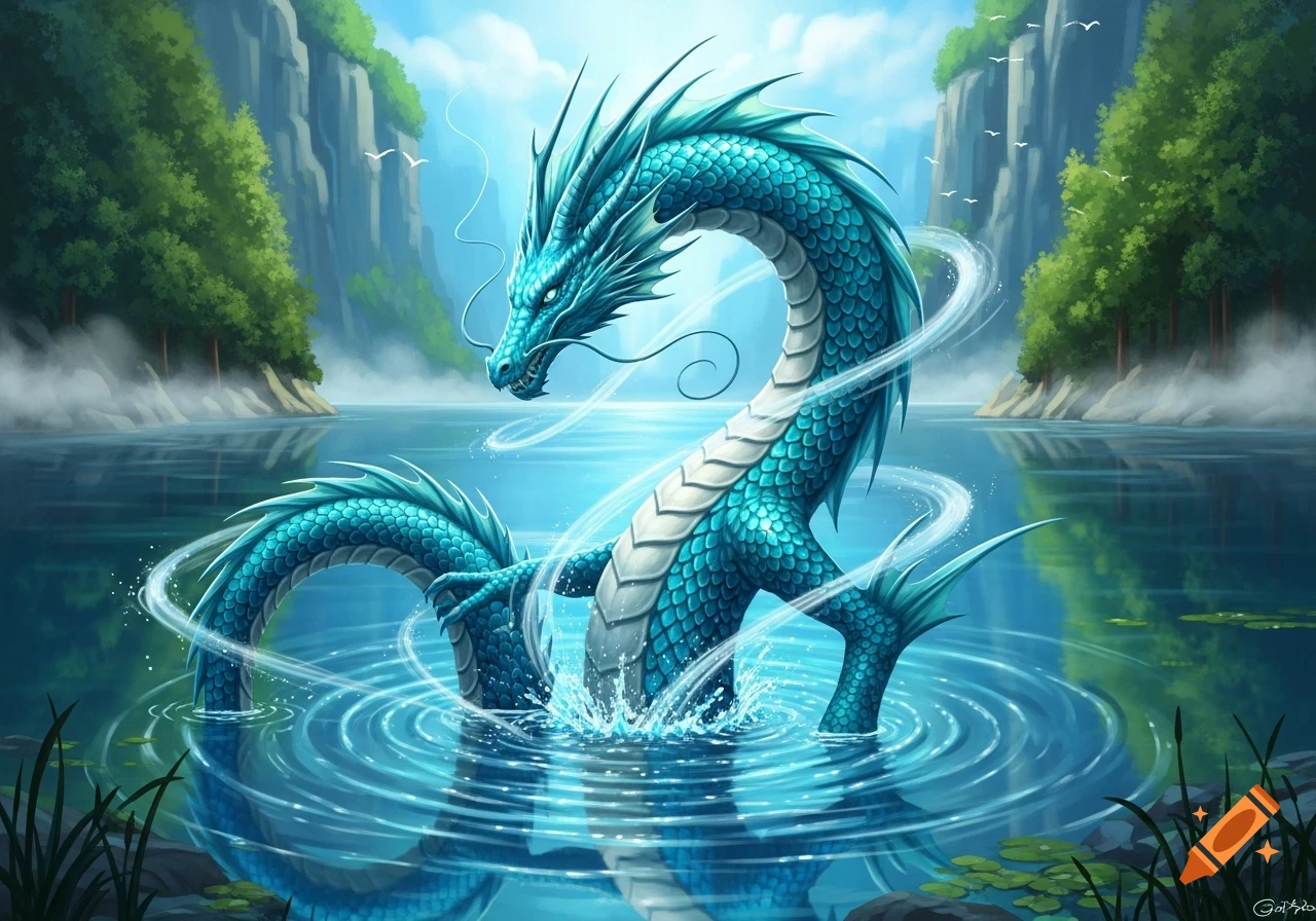 A vibrant teal-blue dragon with white scales emerges from a serene lake ...