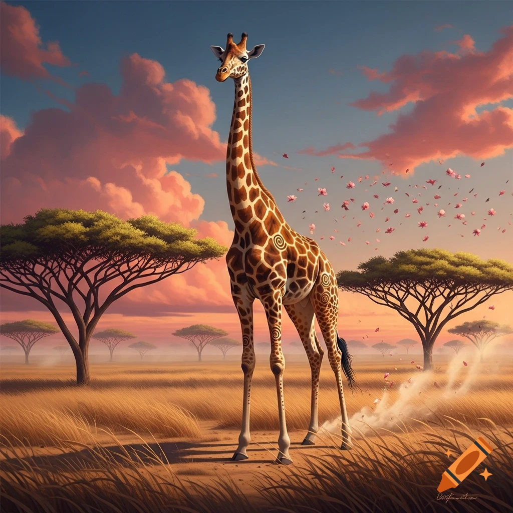 A majestic giraffe stands in a golden savanna landscape under a dramatic pink and blue sky, with scattered petals falling.