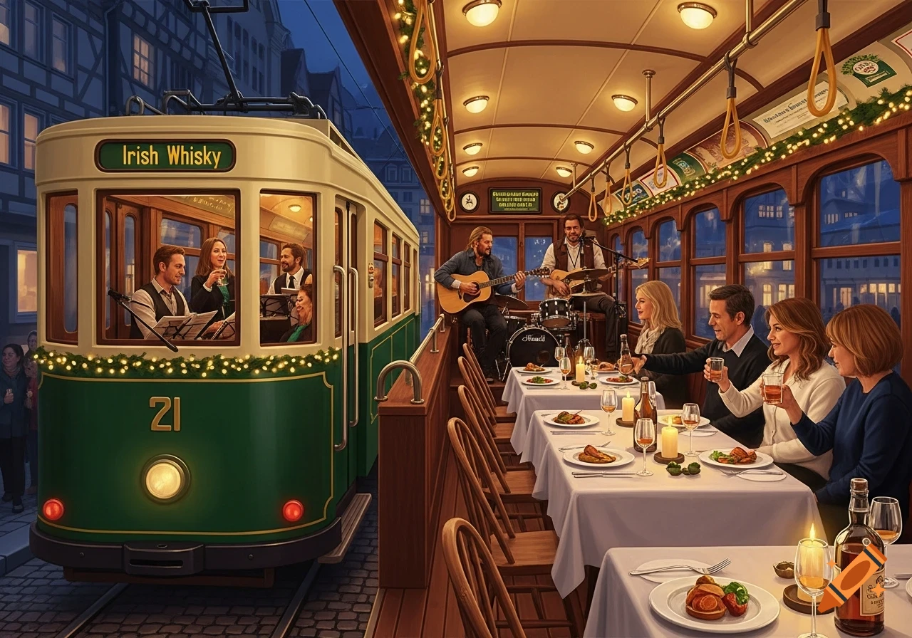 A festive green and white tram car is decorated with garlands, with an 'Irish Whisky' sign on its front. Inside, people dine and listen to a live band playing guitars and drums, creating an Irish pub atmosphere.