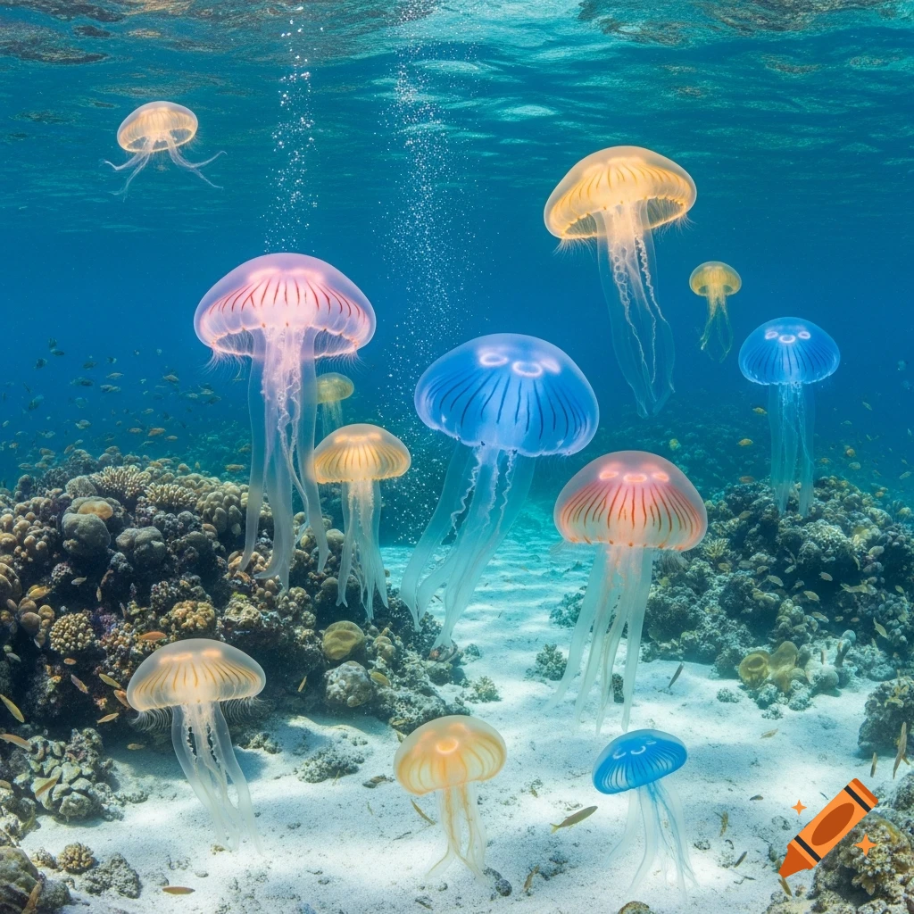 Colorful jellyfish float above a vibrant coral reef on a sandy ocean floor, bathed in light from the surface.