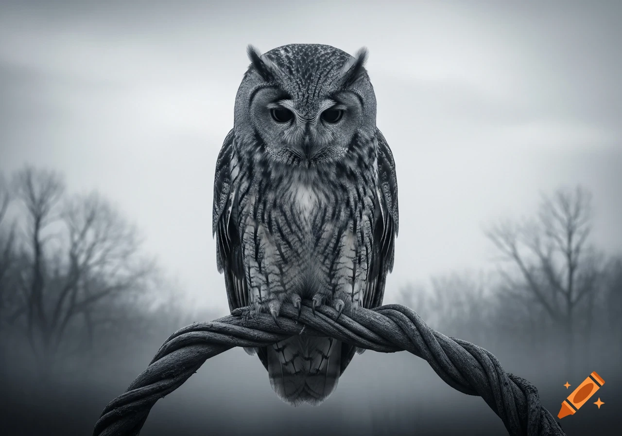 A hyperrealistic black and white photo of an owl perched on a twisted branch in a misty forest.