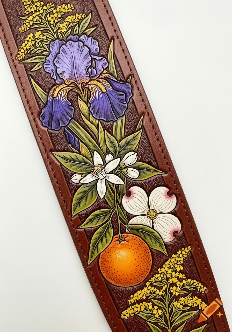 A close-up of a brown leather strap featuring a colorful, intricately tooled floral pattern with an iris, orange blossoms, a dogwood, goldenrod, and an orange.