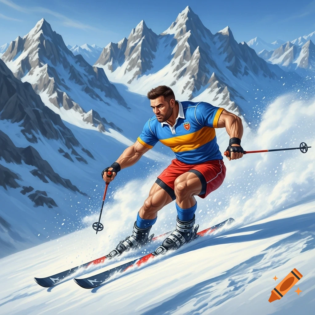 Muscular man in a blue and yellow striped shirt and red shorts downhill skiing on a snowy mountain with clear blue sky, in an illustrated style.