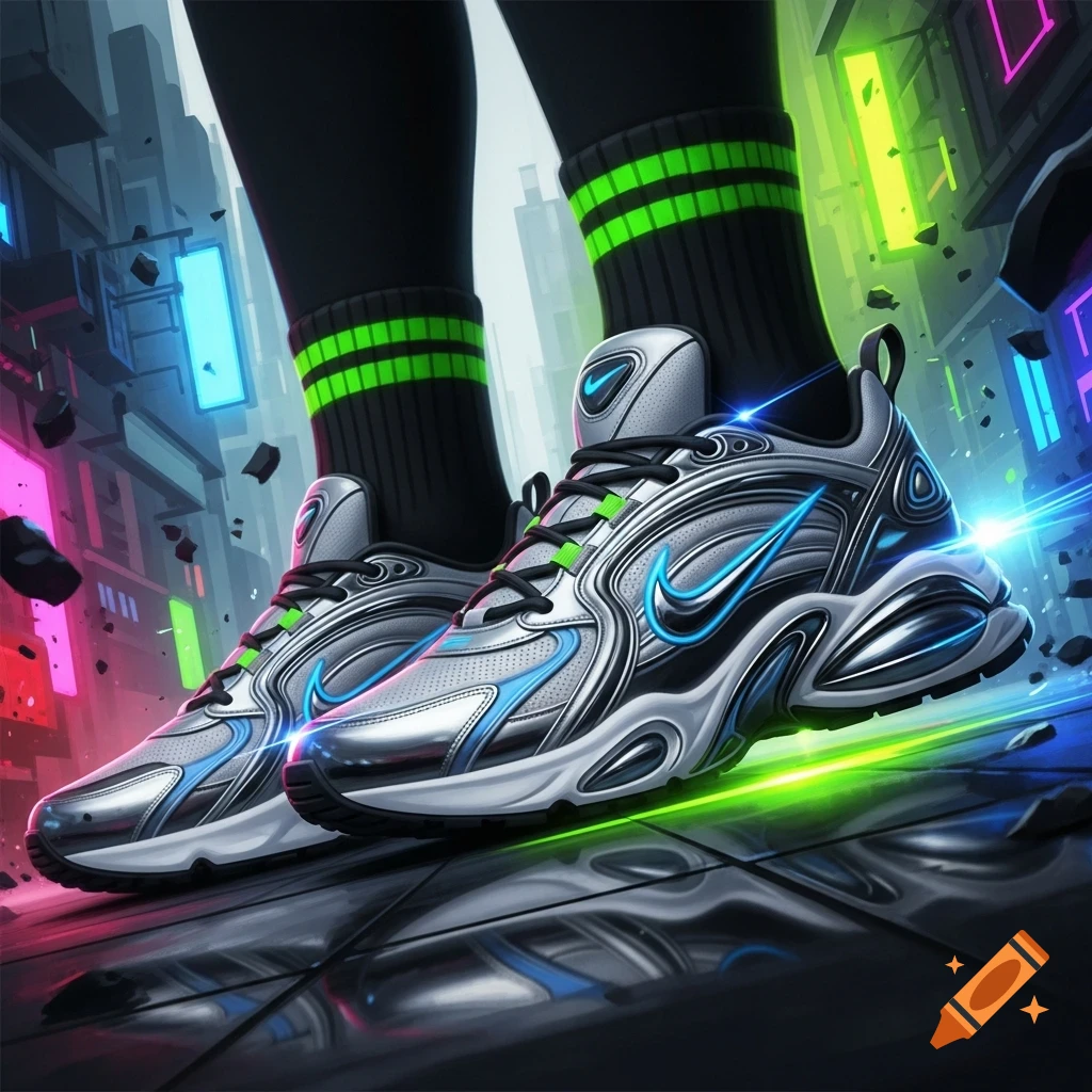 Close-up of futuristic silver and blue sneakers with green accents, worn with black socks, in a vibrant neon cityscape.