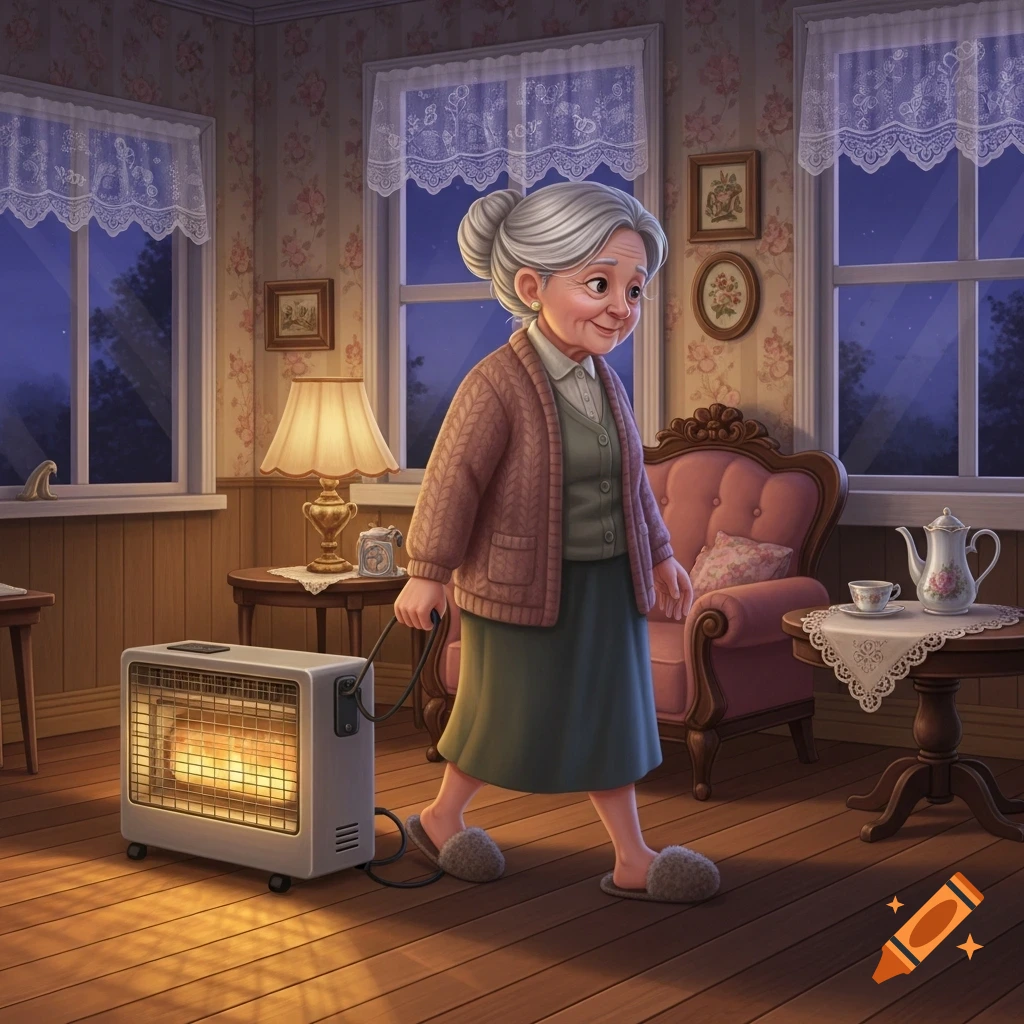 An illustration of a smiling grandma in a cozy room, wearing a cardigan and slippers, pulling a glowing space heater across a wooden floor at night.