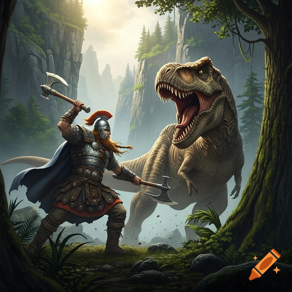 A Viking warrior wielding two axes battles a roaring T-Rex in a fantasy jungle with towering cliffs.