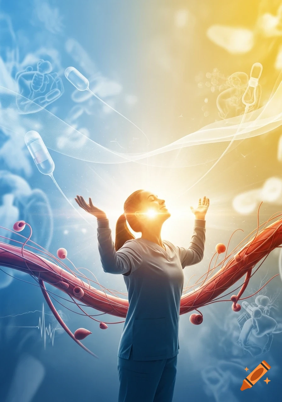 Woman in scrubs, arms outstretched, surrounded by stylized blood vessels, cells, and capsules against a blue and yellow background.