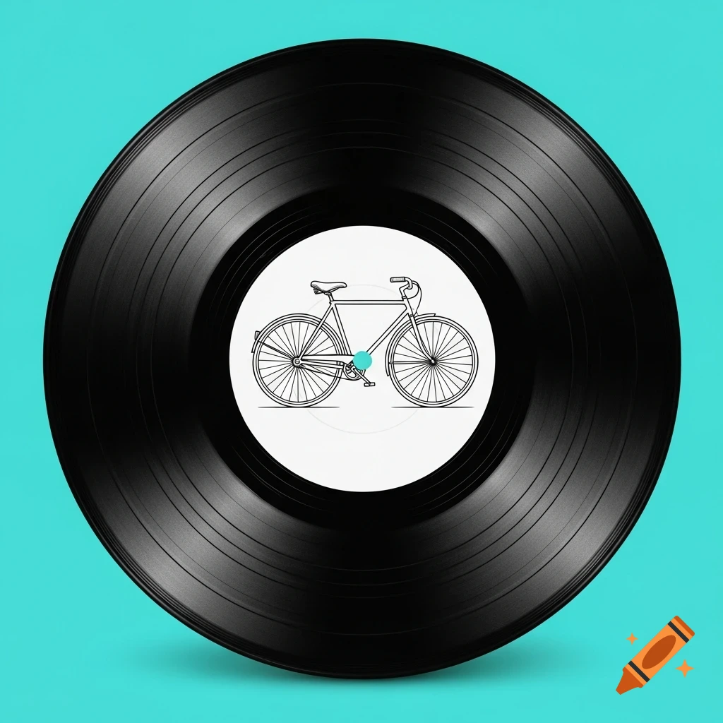 A black vinyl record with a white label featuring a minimalist black line drawing of a bicycle, set against a turquoise background.
