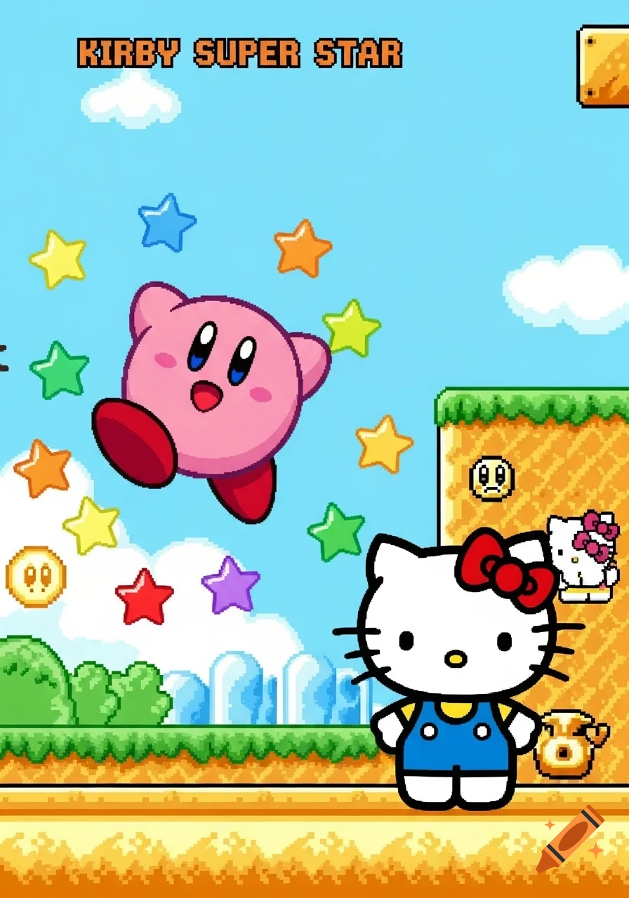 Kirby and Hello Kitty in a colorful pixel art video game scene with stars and a 'Kirby Super Star' title.