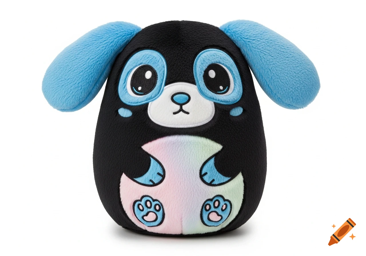 A black plush dog toy with large blue-rimmed eyes, blue floppy ears, and a pastel rainbow belly with blue embroidered paws.