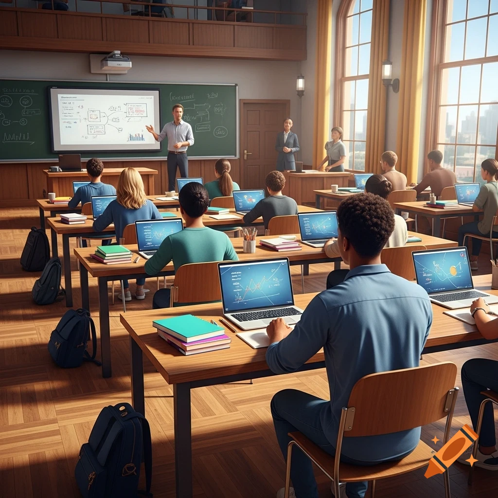 A diverse group of students attend a university lecture, seated at desks with laptops while a professor presents on a screen.