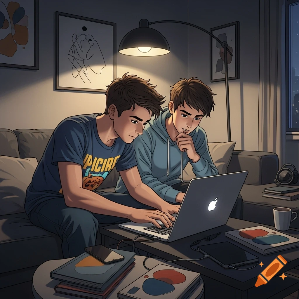 Two anime-style teen boys sit on a couch in a dimly lit room, one typing on a laptop while the other observes.