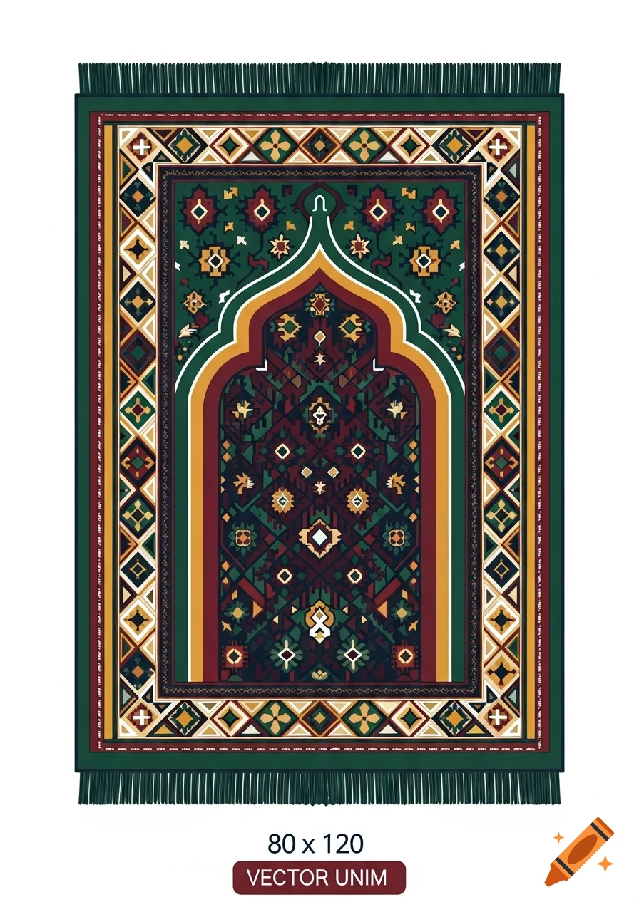 A decorative prayer rug with intricate geometric and floral patterns in green, maroon, dark blue, mustard yellow, and white, with fringes at the top and bottom.