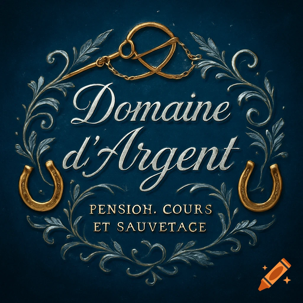 A stylized blue logo for 'Domaine d'Argent' in silver italic script, framed by silver and gold foliage, with a golden horse bit at the top and golden horseshoes at the sides. Below the main text reads 'PENSION. COURS ET SAUVETAGE' in gold.