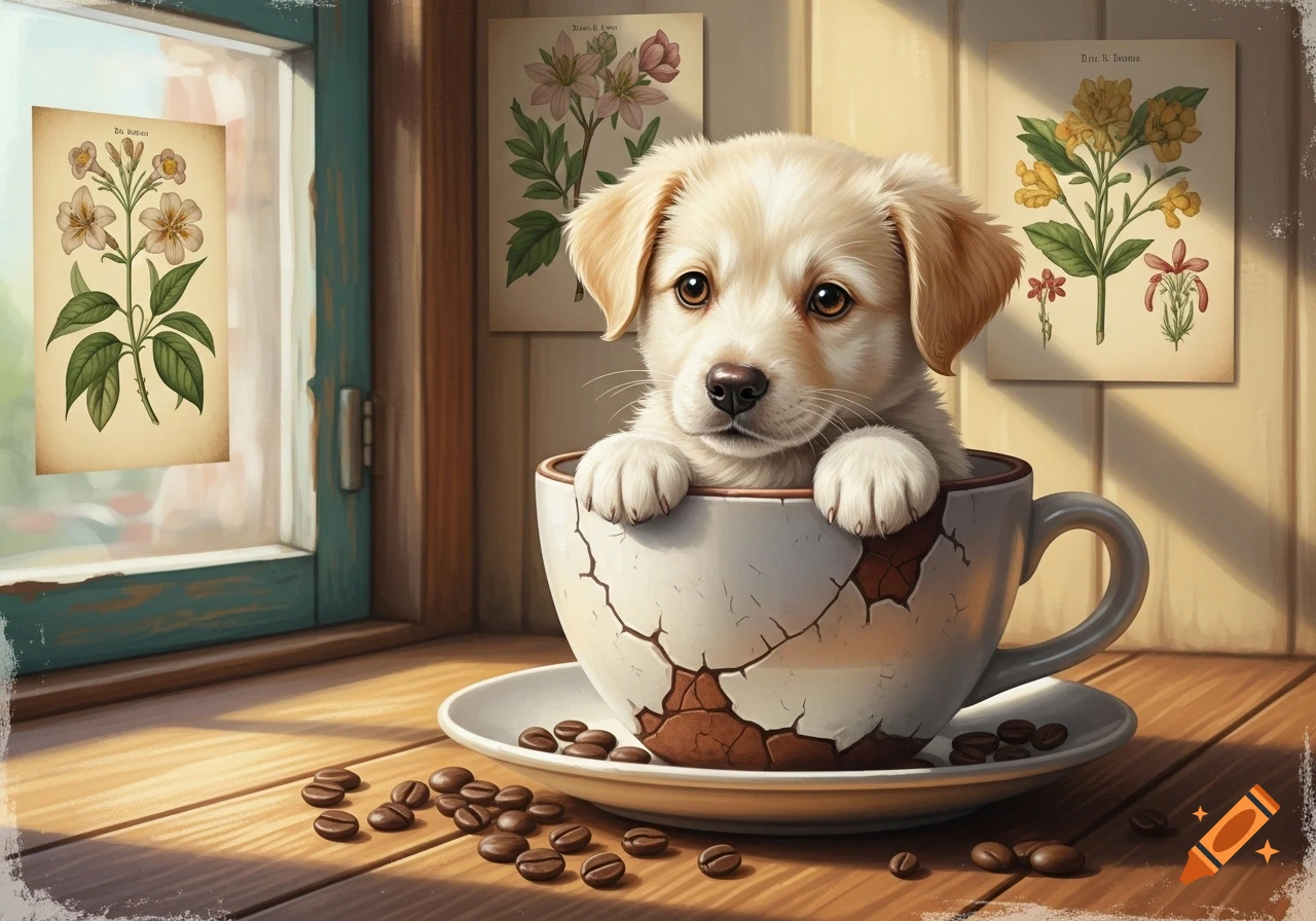 A cute golden puppy peeks from a cracked white teacup on a wooden table with coffee beans and botanical prints.