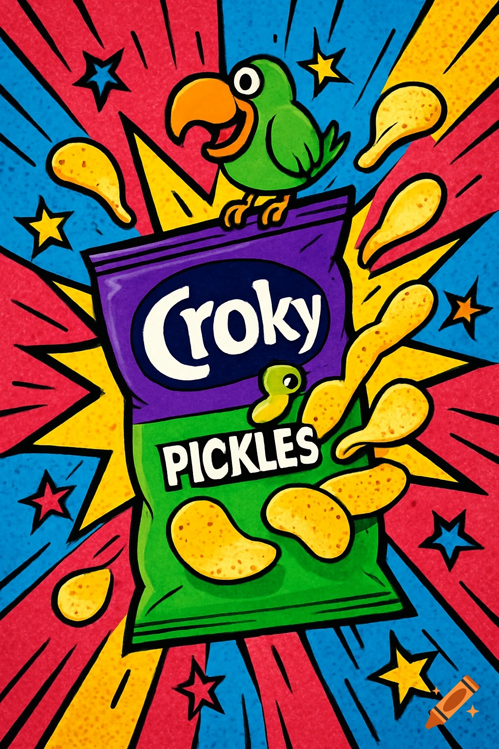 Pop Art comic illustration of a green parrot on a Croky Pickles chip bag with chips flying out, against a dynamic background of red, blue, and yellow rays and stars.