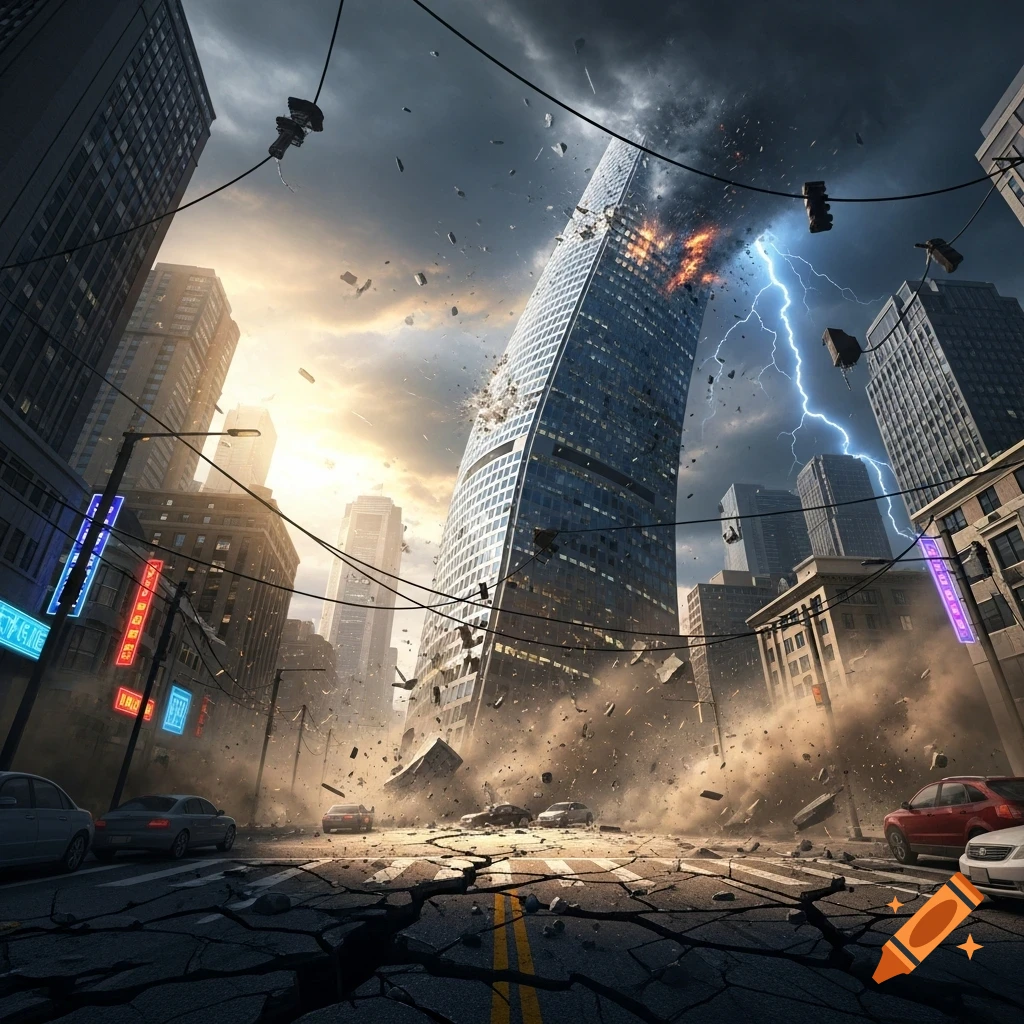 A dramatic wide-angle view of a city during an earthquake, with a tall skyscraper collapsing, debris flying, and lightning striking near the building. Cars are on a cracked street, surrounded by dust and destruction.
