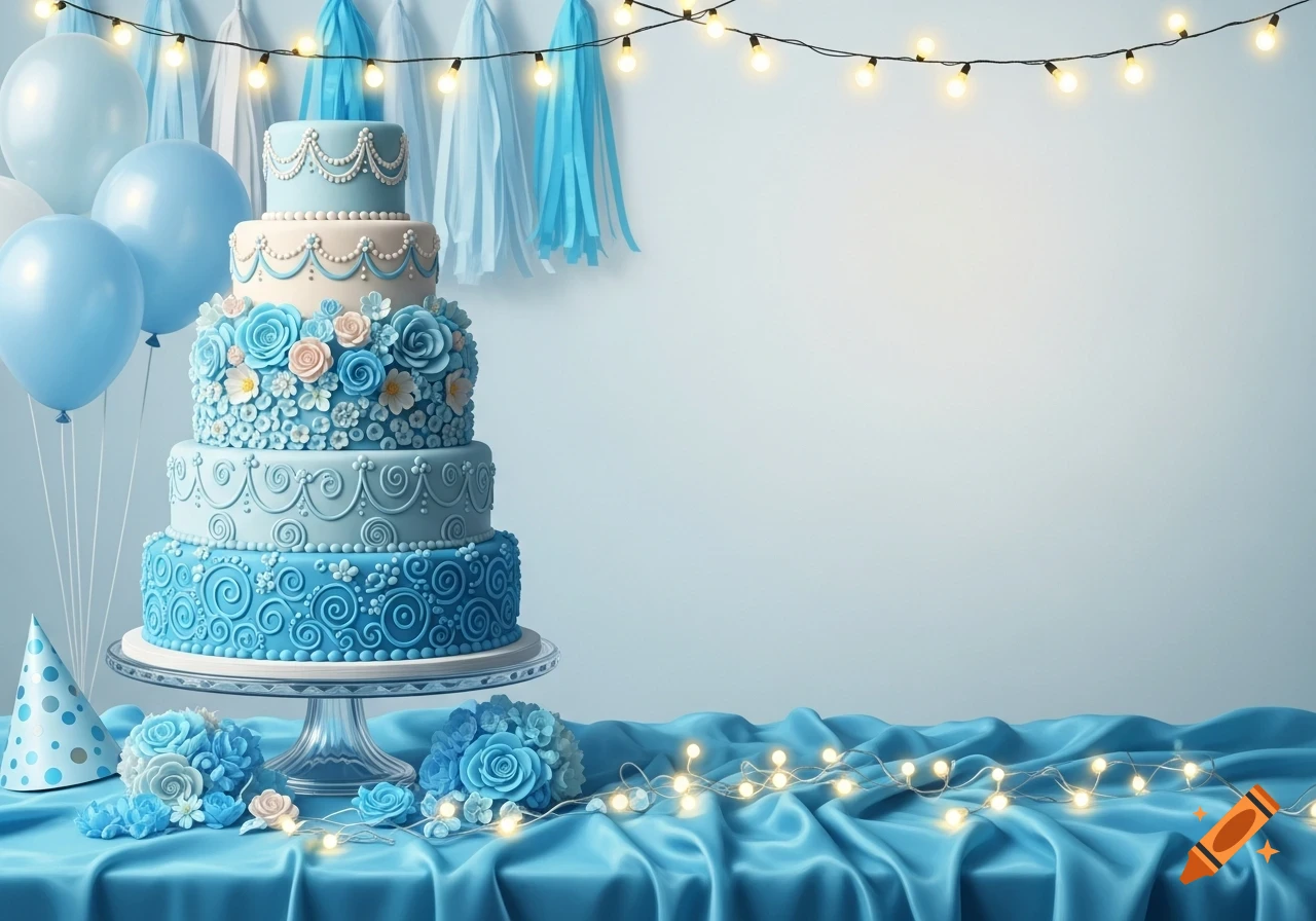 A blue-themed tiered birthday cake decorated with flowers and pearls, surrounded by balloons and string lights on a draped table.