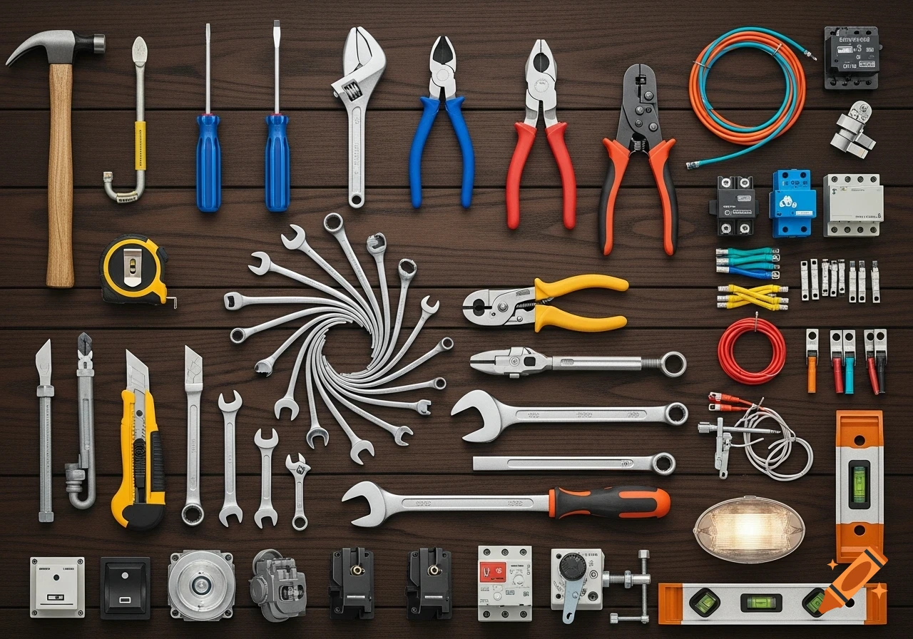 An overhead view of a wide assortment of hand tools and electrical components meticulously arranged on a dark wooden surface.
