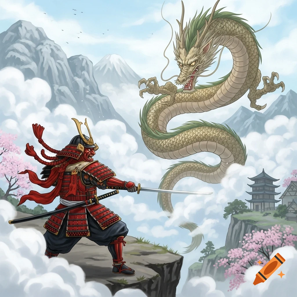 A samurai in red armor with a war mask confronts a golden ancestral dragon amidst clouds, cherry blossoms, and traditional Japanese architecture, with mountains in the background.